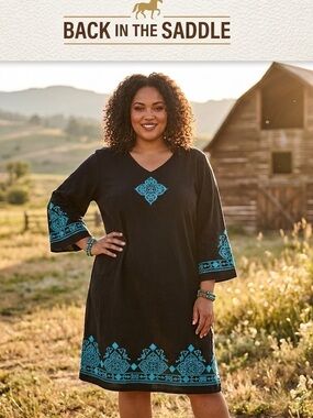 Back in the Saddle Black Midi Dress with Teal Embroidered Accents Western Boho